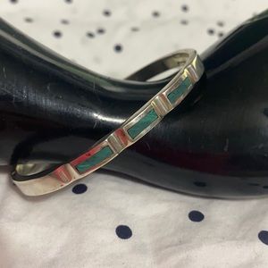 Vintage Sterling Silver Malachite Hinged Bangle Bracelet. Made In Mexico 925